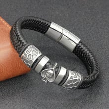 Pulseira de couro trançado masculino jóias punk spades crânio pulseira de aço inoxidável fecho magnético esqueleto pulseiras sp0122 2024 - compre barato