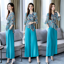 2021 Summer Women elegant two Piece Set floral chiffon blouse shirt Tops and wide leg pants trousers 2 piece suit 2024 - buy cheap