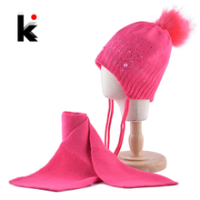 Conjunto de cachecol quente e grosso para crianças, gorros de malha de cor sólida para bebês meninas com strass, chapéus de veludo com aba para orelha 2024 - compre barato