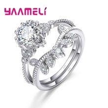 Anéis de prata esterlina 100% com 2 dedos, cristal claro brilhante, joia feminina de zircônia cúbica, presente de joia 925 2024 - compre barato