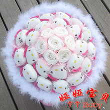 100% Handmade Korean 21 white/pink hello kitty simulation flower feather cartoon bouquet gifts 7 roses pink white G51-2 2024 - buy cheap