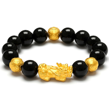 Vietnam Imitation Gold 3D Pixiu Charm Black Obsidian Beads Bracelet Chinese Feng Shui Animal Men Women Jewelry 2024 - buy cheap