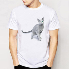 Novo verão moda masculina de manga curta russo gato azul camiseta bonito animal design camisetas casuais homem camisetas 2024 - compre barato