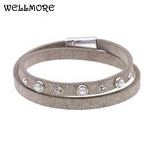Wellmore pulseira de couro de 2 camadas, 7 cores estrelas, cristal, pulseira para mulheres, bracelete boêmio, dropshipping 2024 - compre barato