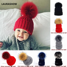 LAURASHOW Winter Kids Hats Beanies Caps Knit Hat Baby Girls Boys Raccoon Mink Fur Pom Poms Wool 2024 - buy cheap