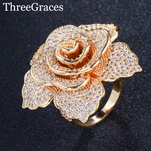 Threegrace micro pedra de zircônio cúbico, grande flor geométrica cor dourada anel de casamento para mulheres acessórios de festa rg077 2024 - compre barato