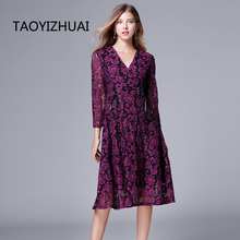 Taoyizhuai vestido feminino estilo vintage, nova remessa de 2019 estilo ilhó rendado plus size l fit e roxo gola v para pulso 2024 - compre barato