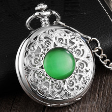 Винтажные Механические карманные часы в стиле ретро с зеленым драгоценным камнем, с полым цветком, мужские часы с подвеской на руку, подарок для девочек 2024 - купить недорого