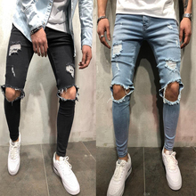 Мужские джинсы в стиле хип-хоп, Синие рваные джинсы скинни в винтажном стиле, 2018 2024 - купить недорого