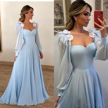 Sky Blue Muslim Evening Dresses 2021 A-line Sweetheart Long Sleeves Chiffon Saudi Arabic Dubai Prom Dress vestidos de graduación 2024 - buy cheap