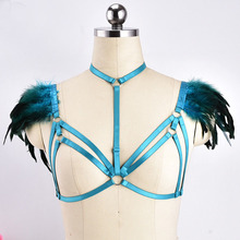 Harajuku Turquoise Feather Cage Body Bra Sexy Elastic Bondage Harness Lingerie 90s Ladys Fetish Crop Top Cosplay Cage Bralette 2024 - buy cheap