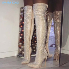 Glitter Bling Women Thigh High Boots Pointed Toe Cross-Tied High Heels Woman Winter Shoes Fashion Mujer Over The Knee Long Boots 2024 - buy cheap