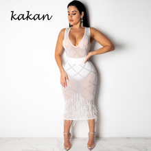 Vestido sexi de malla de Kakan para perforar con cuello en V para club nocturno de plumas de pollo 2019 nuevo vestido de verano para mujer 2024 - compra barato