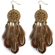 Brincos étnicos boêmio apanhador de sonhos marrom pena brincos longos para mulheres indiano jhumka tribal cigano festival jóias 2024 - compre barato