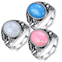 Male Female Big Pink/Blue/White Fire Opal Stone Ring Boho Fashion Silver Color Jewelry Vintage Wedding Rings For Men And Women 2024 - buy cheap