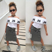 Fashion Toddler Girls Clothes Set Off Shoulder Tops Bowknot Layers White Blouse+Stripe Long Skirts Outfits Streetwear 2024 - buy cheap