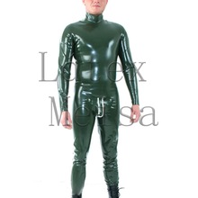 Olive green color latex zentai men's catsuit with shoulders zippers & cod piece & zip to ass 2024 - buy cheap