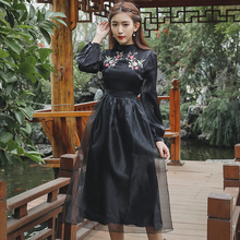 Spring Women's Vintage Art Palace High Waist Velvet Dress Embroidered Black Mid-length Slim Fashion Temperament Gothic Dress 2024 - buy cheap