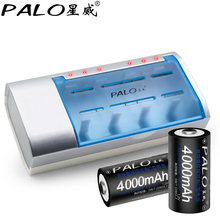 Умное зарядное устройство PALO с 4 слотами для аккумуляторов C/D/AA/AAA/9 в, с мигающим дисплеем и 2 аккумуляторами размера C 2024 - купить недорого
