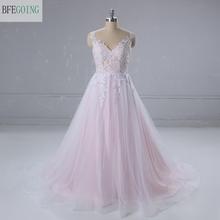 White Lace Pink Tulle V-Neck Sleeveless  A-line  Wedding dresses Court Train Lace up Real/Original Photos Custom Made 2024 - buy cheap