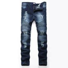 Мужские джинсы с дырками, Ретро стиль, эластичные, до колена, прямые, облегающие, на пуговицах, в стиле хип-хоп, ковбойские штаны, мужские, повседневные, большие размеры, потертые джинсы 2020 2024 - купить недорого