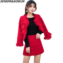 Conjunto de minifalda de manga larga para mujer, traje de dos piezas de Tweed rojo de alta calidad para otoño e invierno, 2020 2024 - compra barato