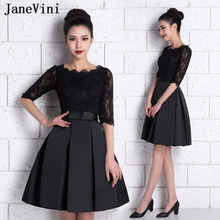 JaneVini Vintage negro A Line vestidos de cóctel cortos 2019 cuello redondo encaje media manga satén noche fiesta más tamaño cóctel vestidos 2024 - compra barato