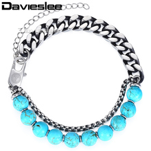 Davieslee Boho Glass Bead Bracelet for Men Women Stainless Steel Curb Cable Link Chain Gunmetal Silver Color LDLBM04 2024 - buy cheap