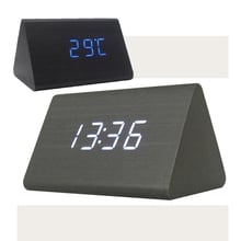 Despertador de madeira preto, relógio despertador led digital, relógio de mesa com controle de som, temperatura, relógio eletrônico 2024 - compre barato