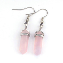 100-Unique 1 Pair Silver Plated Small Hexagon Column Natural Rose Pink Quartz Earrings Elegant Women's Earring 2024 - buy cheap