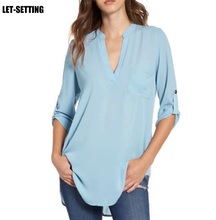 new fashion women spring autumn Europe and America long paragraph  V-neck loose chiffon shirt S-5XL,black,white,blue,green,pink 2024 - buy cheap