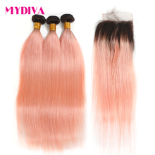 Ombre Bundles With Closure Straight Ombre #1B/Light Pink Human Hair Bundles With Lace Closure Brazilian Non-Remy Human Hair 2024 - buy cheap