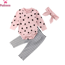 Одежда для новорожденных наряды для маленьких девочек хлопковый комбинезон с сердечками + повязка на голову с полосатыми леггинсами 2024 - купить недорого
