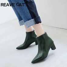 REAVE CAT-botines con cremallera y punta estrecha para mujer, botas de tacón grueso de 5cm, Primavera, 2019 2024 - compra barato