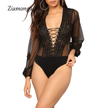 Ziamonga Hollow Out Women Bodysuits Autumn Lace Up Playsuits Jumpsuits Bodice Rompers Female One Piece Mesh Body Women Overalls 2024 - buy cheap