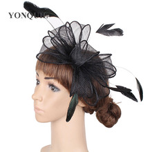 Женская шляпка-Вуалетка Sinamay, Элегантная черная шляпка для невесты, свадебные аксессуары для волос, Коктейльная шляпка, Шляпка-Вуалетка, повязка на голову в стиле Кентукки, SYF280 2024 - купить недорого