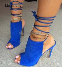 Western Style Women Fashion Peep Toe Suede Leather Stiletto Heel Gladiator Sandals Lace-up Blue High Heel Sandals Dress Heels 2024 - buy cheap