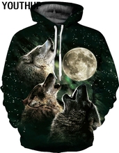 Мужские толстовки с капюшоном YOUTHUP, 3d принт, волк, луна, модные 3d толстовки с длинным рукавом, животные, Мужское пальто, 3d пуловер 2024 - купить недорого