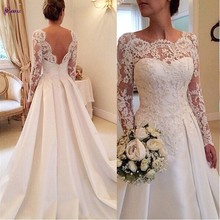 A-Line Elegant Bridal Gowns 2016 Arabian Full Sleeve Lace backless vestido de noiva white Court Train Wedding Dress 2024 - buy cheap