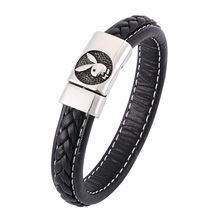 Homens jóias punk trançado couro na moda pulseira masculina pulseira de coelho de aço inoxidável fivela magnética pulseira de couro sp0357 2024 - compre barato