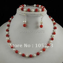 Charming!pearl jewelry set AA6-7mm white Genuine freshwater pearl &red coral necklace bracelet earring free shipping A2428 2024 - buy cheap