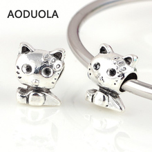 10 Pcs a Lot Silver plated bead Big hole Alloy lovely Cat with Bow Beads DIY European Fit For Pandora Charms Bracelet 2024 - buy cheap