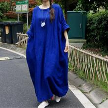 Women summer dress 2019 flax Original blue leader hand embroidered cotton bat sleeve ultra loose dress art big Robe mori N011 2024 - buy cheap