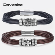 Davieslee Mens Bracelet Black Brown Handmade Stainless Steel Cross Leather Bracelet for Men Jewerly LDLBM29 2024 - buy cheap