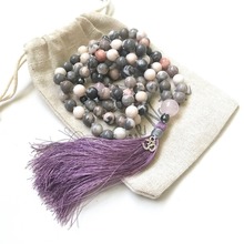 Colar de contas jaspers mala, colar rosa natural com nó na mão, de borla longa, para oração, yoga e meditação, 108 2024 - compre barato