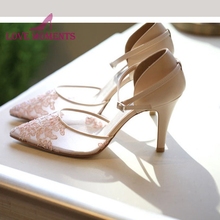 2019 pointed toe champagne lace wedding bride shoes 8cm thin heel buckle straps wedding party prom pumps beautiful satin shoes 2024 - buy cheap