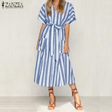 2019 ZANZEA Mulheres Listrado Do Vintage V Neck Manga Curta Verão Vestido Longo Camisa Solta Casuais Arco Laço Hem Divisão do Trabalho OL Vestido 2024 - compre barato