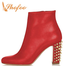 Rivet Red Vegan Woman Short Boots Ankle Zipper High Square Heels Round Toe Small Size 4 8 Novelty Sexy Mature Spring/Autumn 2019 2024 - buy cheap