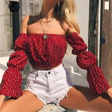 Lily Rosie Girl Strapless Sexy Crop Blouse Shirt Boho Long Sleeve Short Blouse Shirt Off Shoulder Dot Women Blouse Shirt 2024 - buy cheap