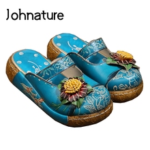Johnature Summer Platform Slippers Genuine Leather Hand-painted Outside National Style Sandals Flower Wedges Slides Women Shoes 2024 - buy cheap